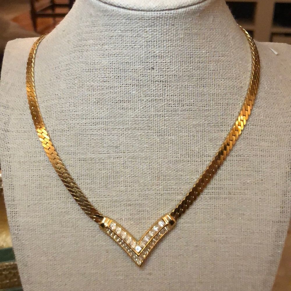Gorgeous Vintage Christian Dior Gold Plated Crystal Chevron Herringbone Necklace